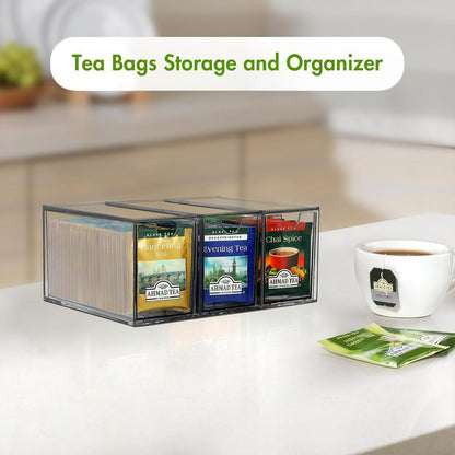 YUNYDSM Transparent Tea Bag Storage Box, 6 PCS Large Bag with Lid, 6×2.3×3.3'' Single-Layer Thickened Drawer, Suitable for Cabinets, Kitchen