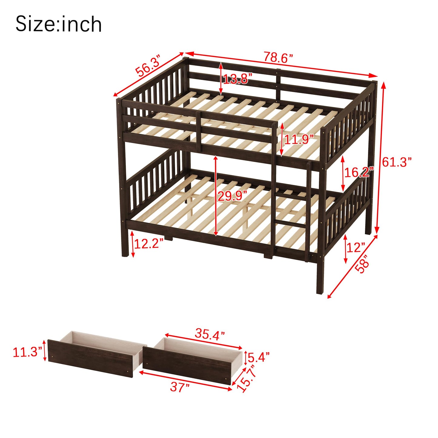 PVWIIK Full Over Full Wood Bunk Bed with 2 Drawers & Ladder for Adult Teenagers Kids Bedroom Dorm Guest Room,Convertible into 2 Full Beds Frame/Under Bed Space/No Box Spring Required,Espresso