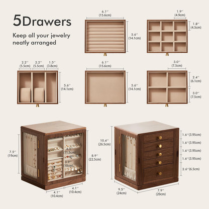CHOSIN Black Walnut Wooden Jewelry Box, 360° Rotating Organizer with Glass Lid, 5 Drawers for Earrings, Rings, Necklaces – Vertical Jewelry Storage for Women, Ideal Gift for Her