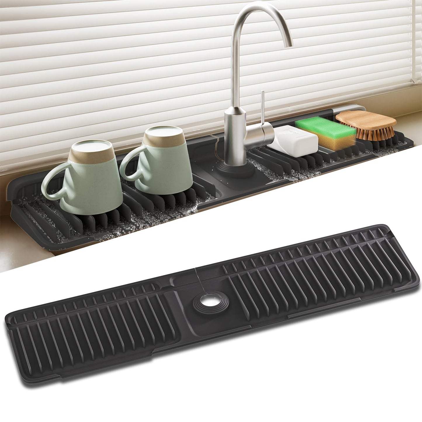 SOCORIA Faucet Mat for Kitchen Sink, 24 Inch Longer Silicone Sink Splash Guard, 7°Slope Fast Self-draining, Fast Drying Tidy Faucet Mat Splash Guard