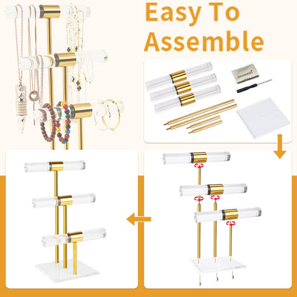 3 Tier Tangle-free Bracelet Display Stands, Acrylic T-Bar Jewelry Display Holder, Clear Gold Necklace Organizer with Stainless Rod, Women Men Vendors Retail Store Counter Jewelry Hanging Stand