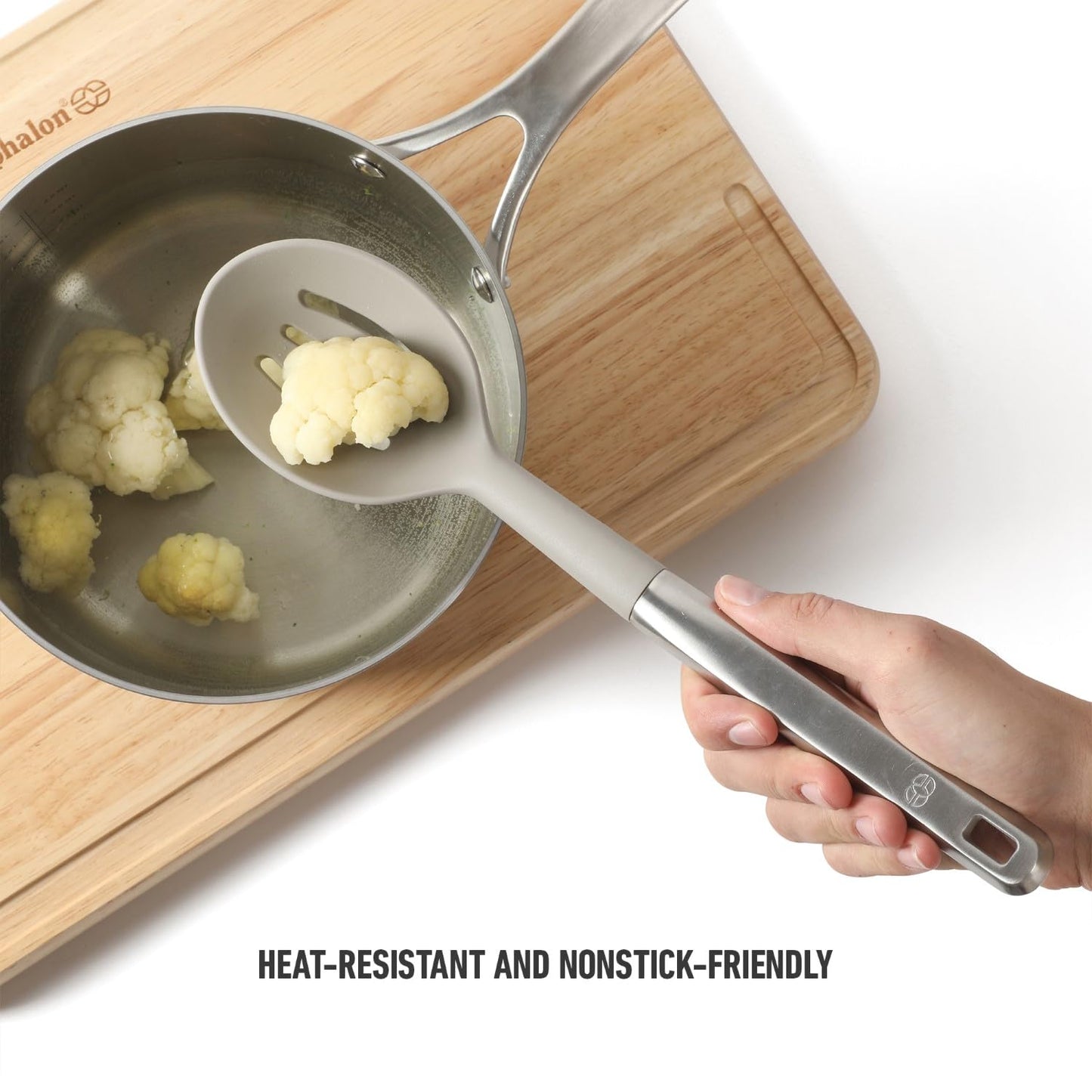 Calphalon Prime Stainless Steel Slotted Kitchen Spoon/Skimmer W/Taupe Silicone Head