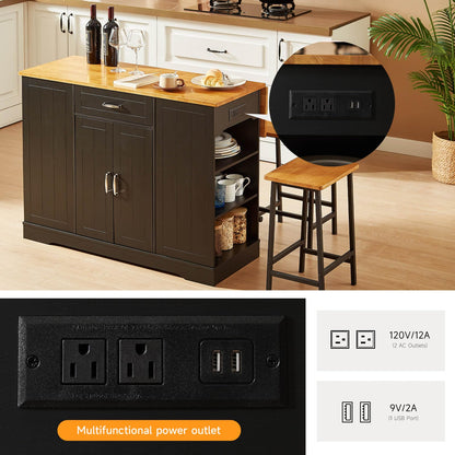 ONBRILL Stationary Kitchen Islands Include 2 Chairs, 47" Kitchen Island with Drop Leaf, Home Bar Table with Spice Rack & with Trash Cabinet, Island Table for Dining Room with Power Outlet, Black