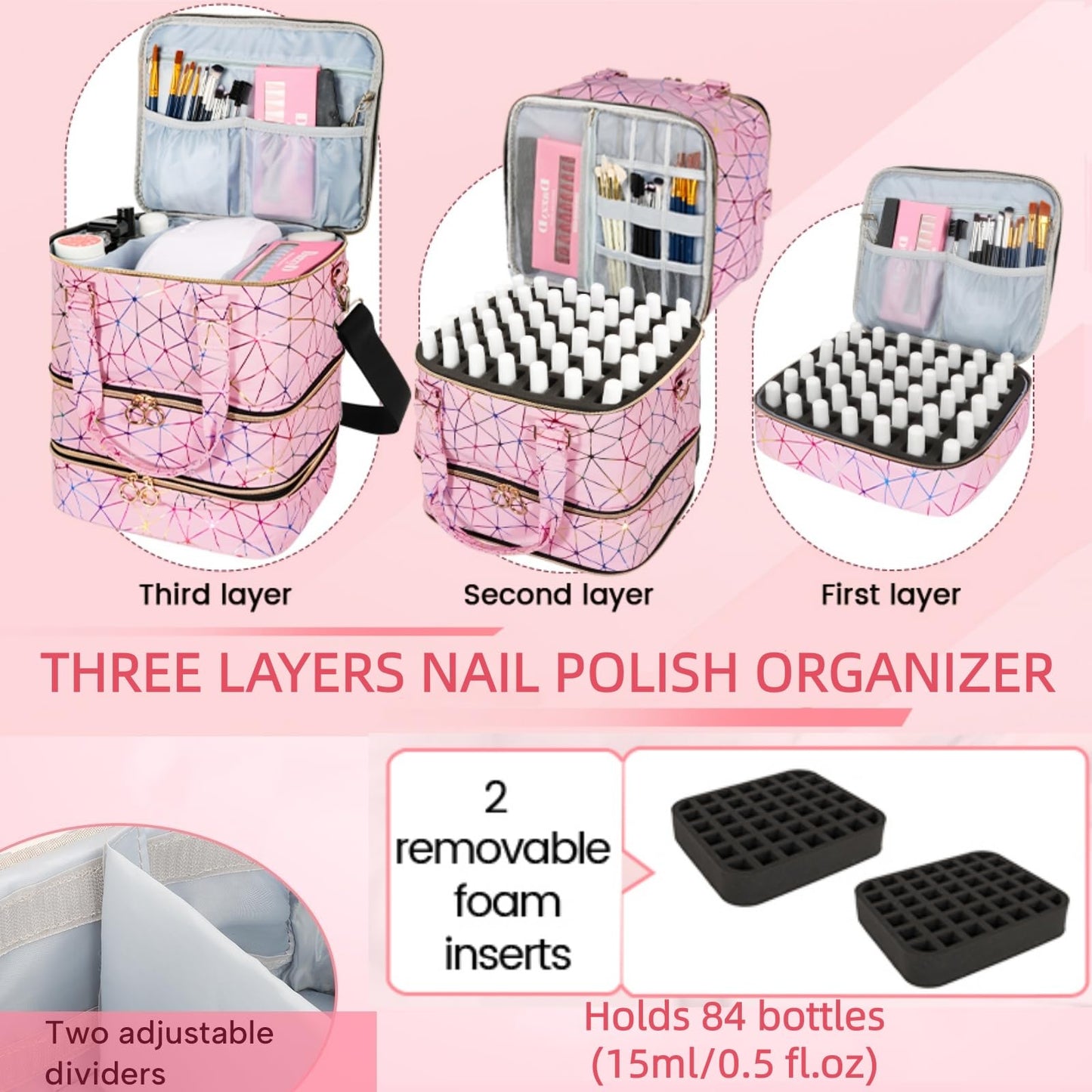 MZTXY Nail Polish Organizer Bag Holds 84 Bottles & Nail Lamp, 3 Layers Nail Kit Storage Carrying Case Pu Leather, Large Nail Supplies Organizer With Shoulder Strap, Portable Travel Nail Bag,Pink
