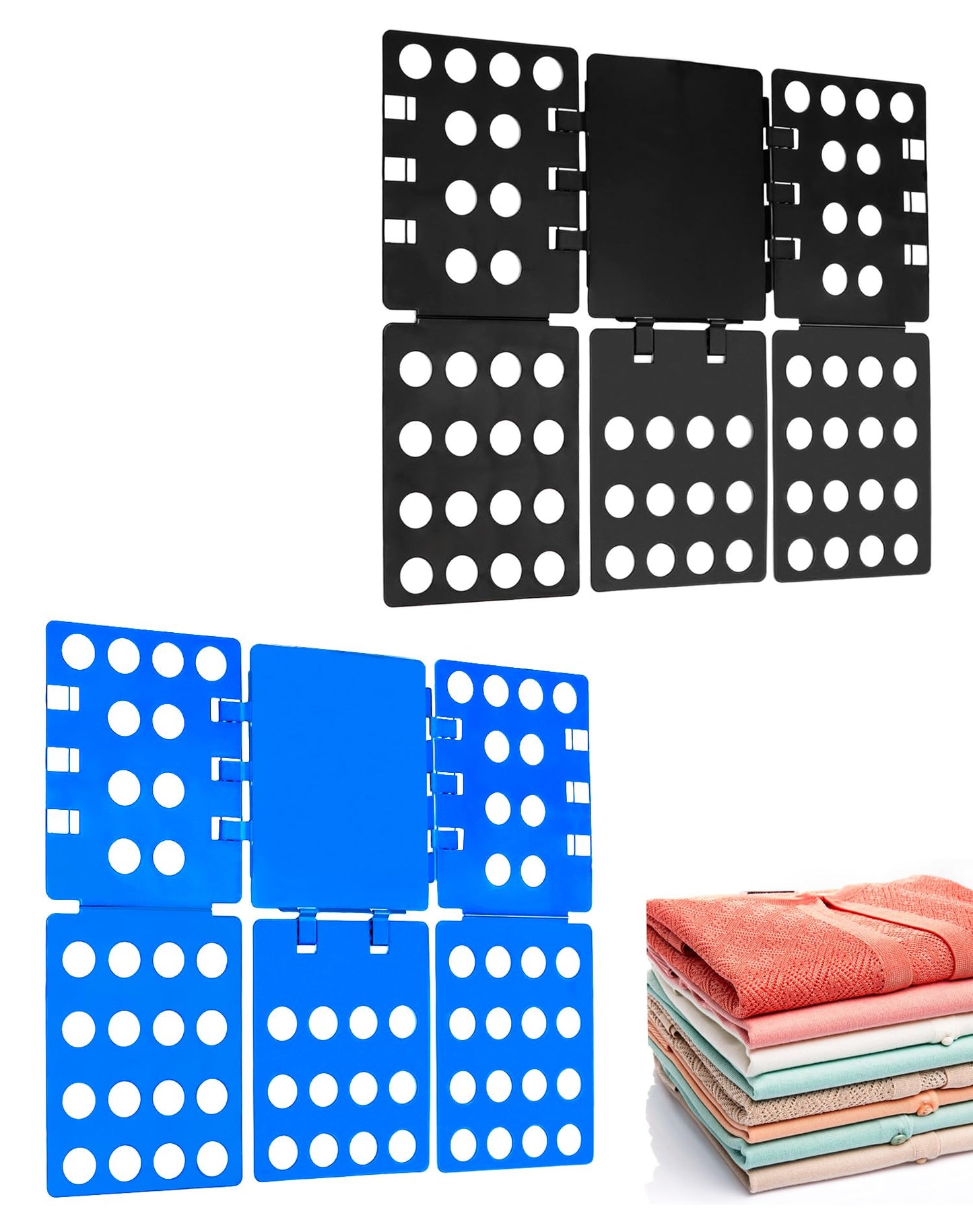 QWORK PP Composite Folding Board, 2 Pack Folding Clothes Board - Black + Blue, One-Hand Operation Laundry Folding Tool, Non-Slip Silicone Buckles, T Shirt Folder, Laundry Folders for All Garments