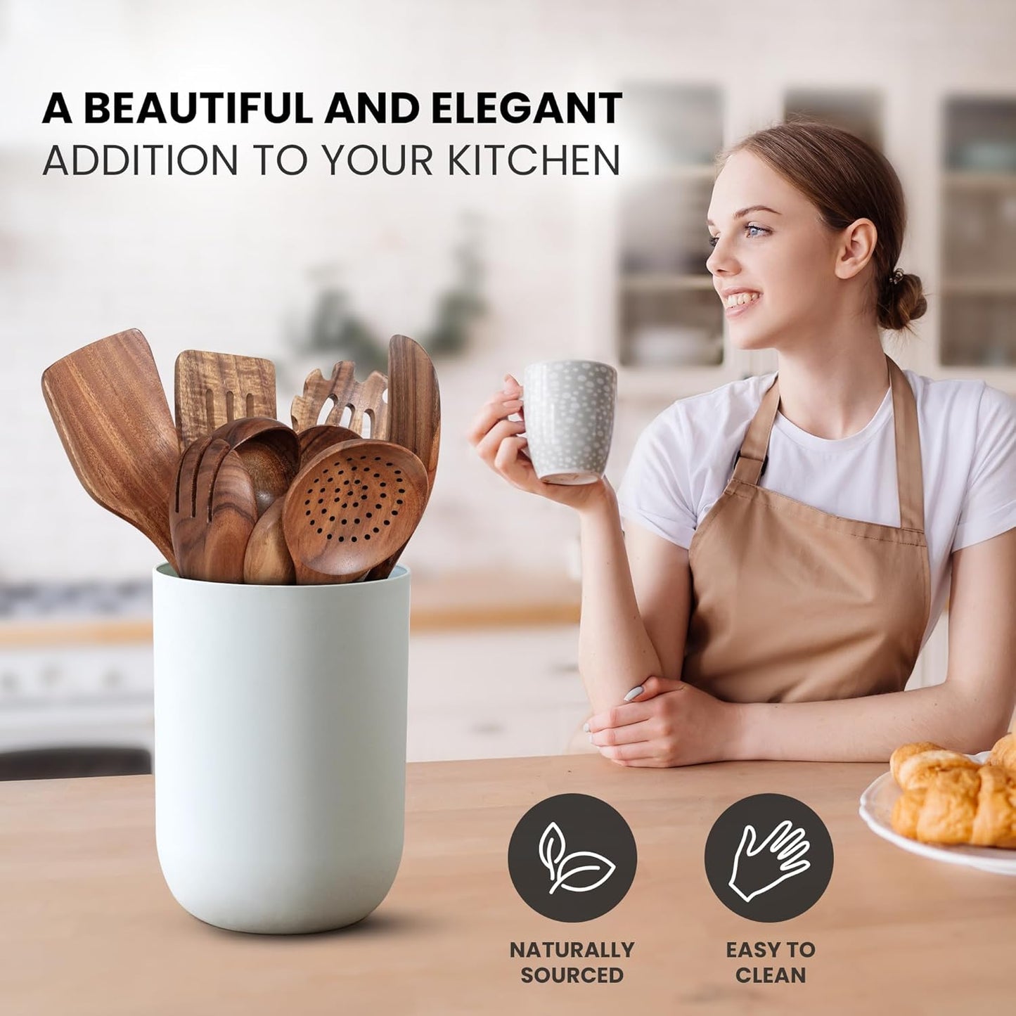 Zulay Kitchen 9-Piece Teak Wooden Utensil Set - Premium Non-Stick Cooking Tools in Gift Box | Comfortable Grip