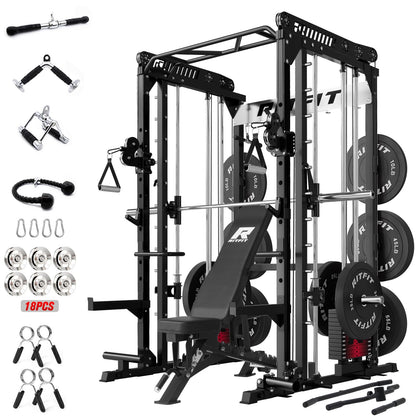 RitFit M1 Pro Smith Machine Package, All-in-One Power Cage with Weight Stack Set, Includes LAT Pulldown & Cable Crossover System for Home Gym