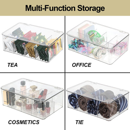 ZEXALOR Clear Tea Bag Organizer, Dresser Organizers Drawer Organzier Storage Container with Removable Dividers, Plastic Storage Bin with Lid, Organizer for Scarves Ties Bras