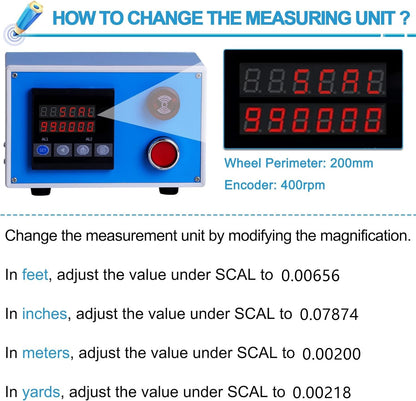 YMJOINMX Digital Wire Length Meter Counter with U-Groove Wheel, Multi-Unit Cable Length Measuring Tool for Fishing Line & Textile Thread, AC100-240V Industrial Length Gauge with Alarm & LED Display