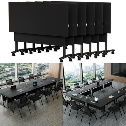Conference Room Table with Wheels 6ft Folding Modular Large Black Conference Table Foldable Modern Rectangle Training Meeting Tables for Classroom Office(6, Black, D 55")