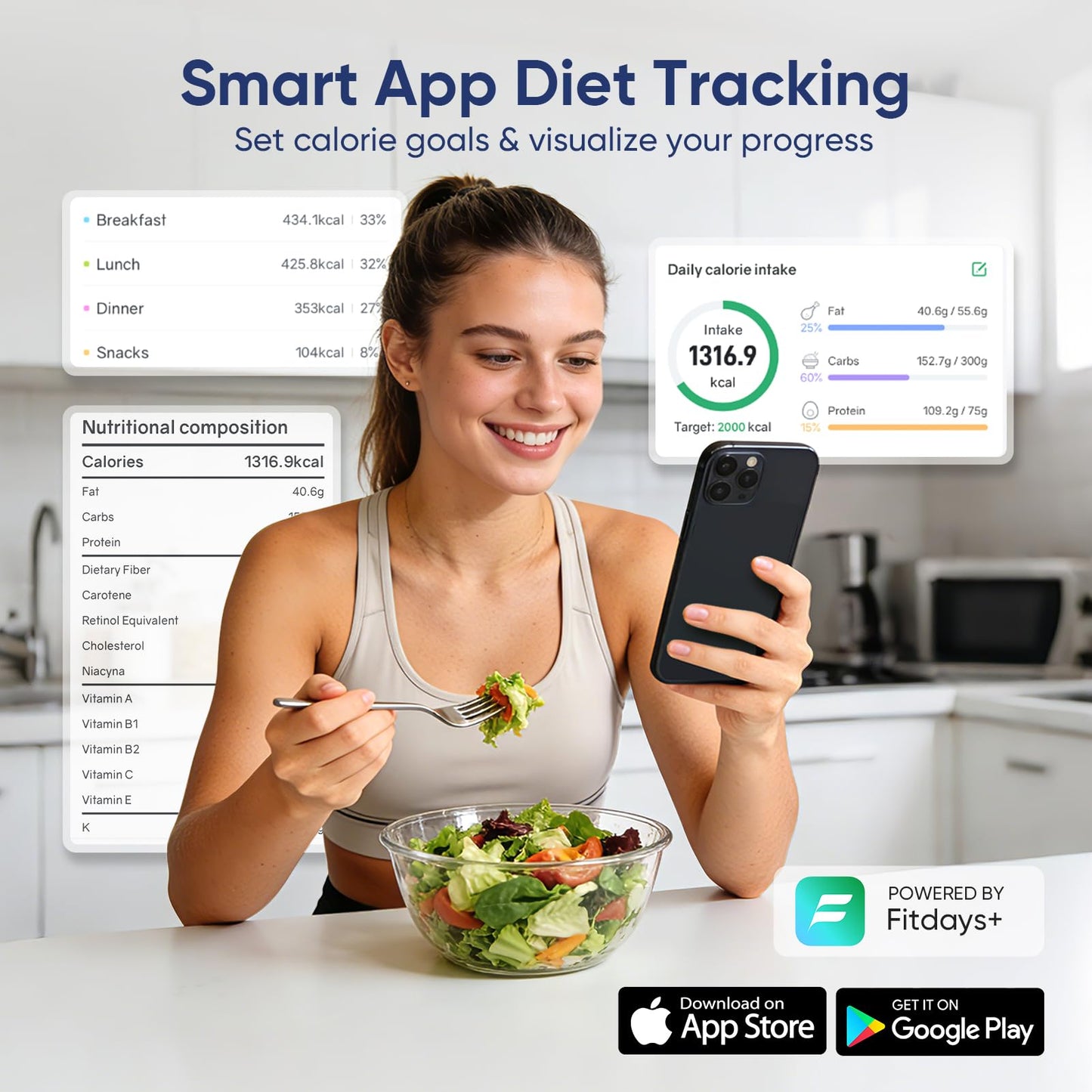 Smart Food Scale with Nutritional Calculator, Free APP with 24 Nutrients Tracking, Calorie, Macro, Premium Stainless Steel Digital Food Scale for Meal Prep Weight Loss, Grams/Ounces, 11lb Capacity