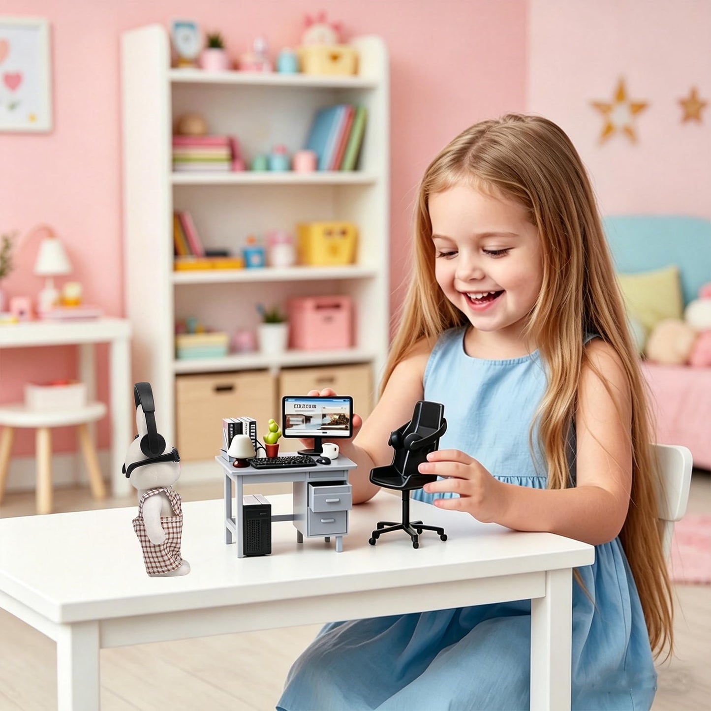 Dollhouse Furniture and Accessories,Miniature Office Furniture Set, Featuring a Desk, Chair, Rabbit, Computer, Bookshelves and Accessories, Suitable for Displaying Ideal Gifts