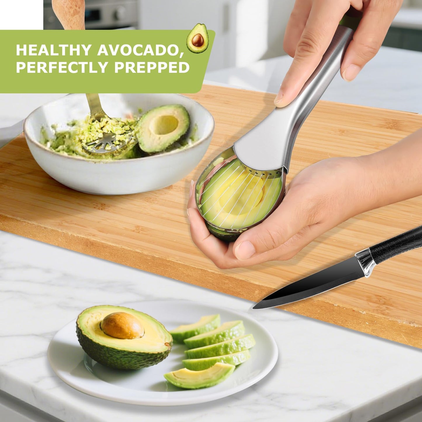 OERPHO Avocado Slicer Tool 3 in 1, Stainless Steel Avocado Cutter Tool Set, Avocado Masher & Avocado Peeler Tools, Multi-Function Avocado Smasher Tools for Slicing, Scooping and Pit Removal