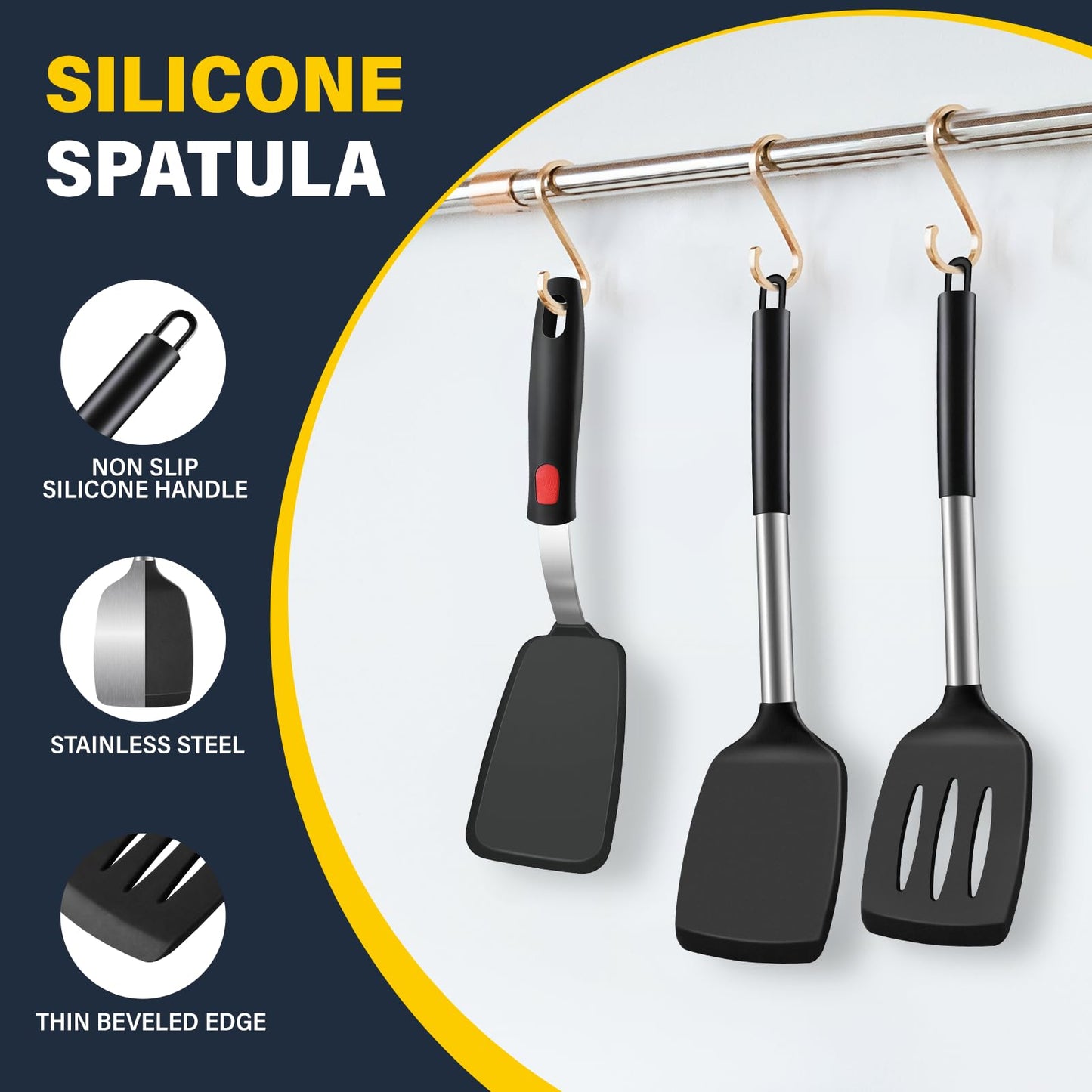 3 Pcs Silicone Spatula Set, Heat Resistant Solid & Slotted Turner for Non-Stick Pans, Silicone Cooking Utensils Set, BPA-Free, Flexible Spatula Turner for Flipping Eggs, Burgers, Pancakes, Black