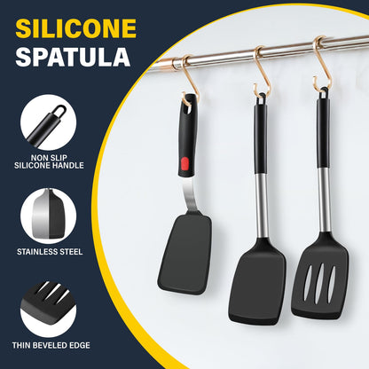 3 Pcs Silicone Spatula Set, Heat Resistant Solid & Slotted Turner for Non-Stick Pans, Silicone Cooking Utensils Set, BPA-Free, Flexible Spatula Turner for Flipping Eggs, Burgers, Pancakes, Black