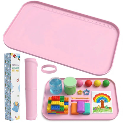 AWOKE 24"x16" Silicone Mats for Crafts with 0.7" High Edges, Large Leak-Proof Art Mat for Playdoh, Resin, Painting, Clay, Slime,Beads, Lego, Puzzle, Non-Stick & Non-Slip Table Protector for Kids, Pink