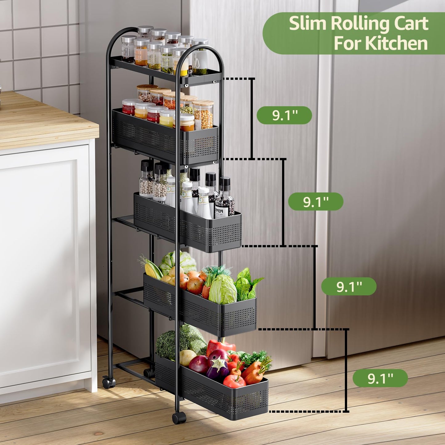 KINGRACK Slim Storage Cart with Drawer, 5-Tier Rolling Utility Cart on Wheels, Narrow Metal Cart for Space Save, Easy Assembly for Kitchen Cart, Craft Cart, Laundry, Bathroom, Nursery Organizer