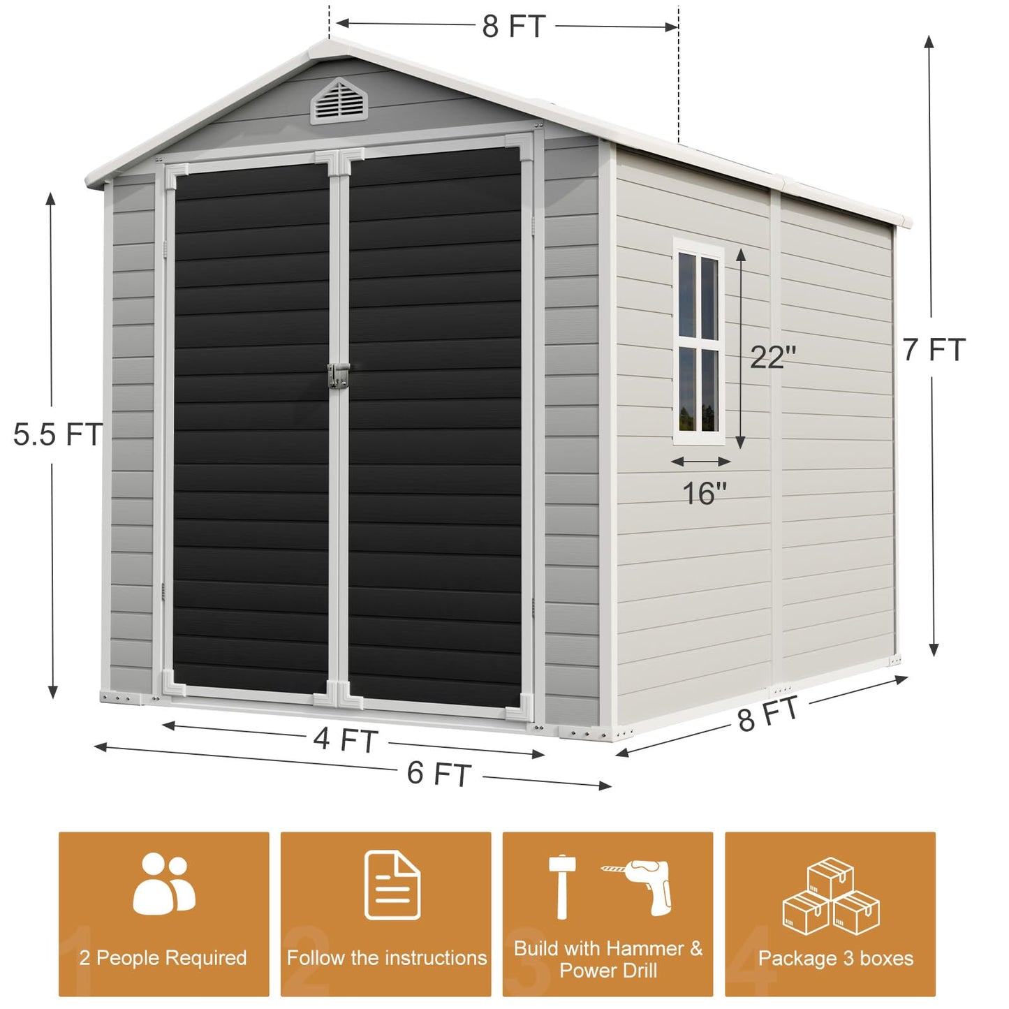 Resin Storage Shed with Floor 8 x 6 FT Waterproof Plastic Outdoor Garden Sheds Kit with Lockable Door & Windows,Patio Tool Shed for Backyard Lawn, Gray