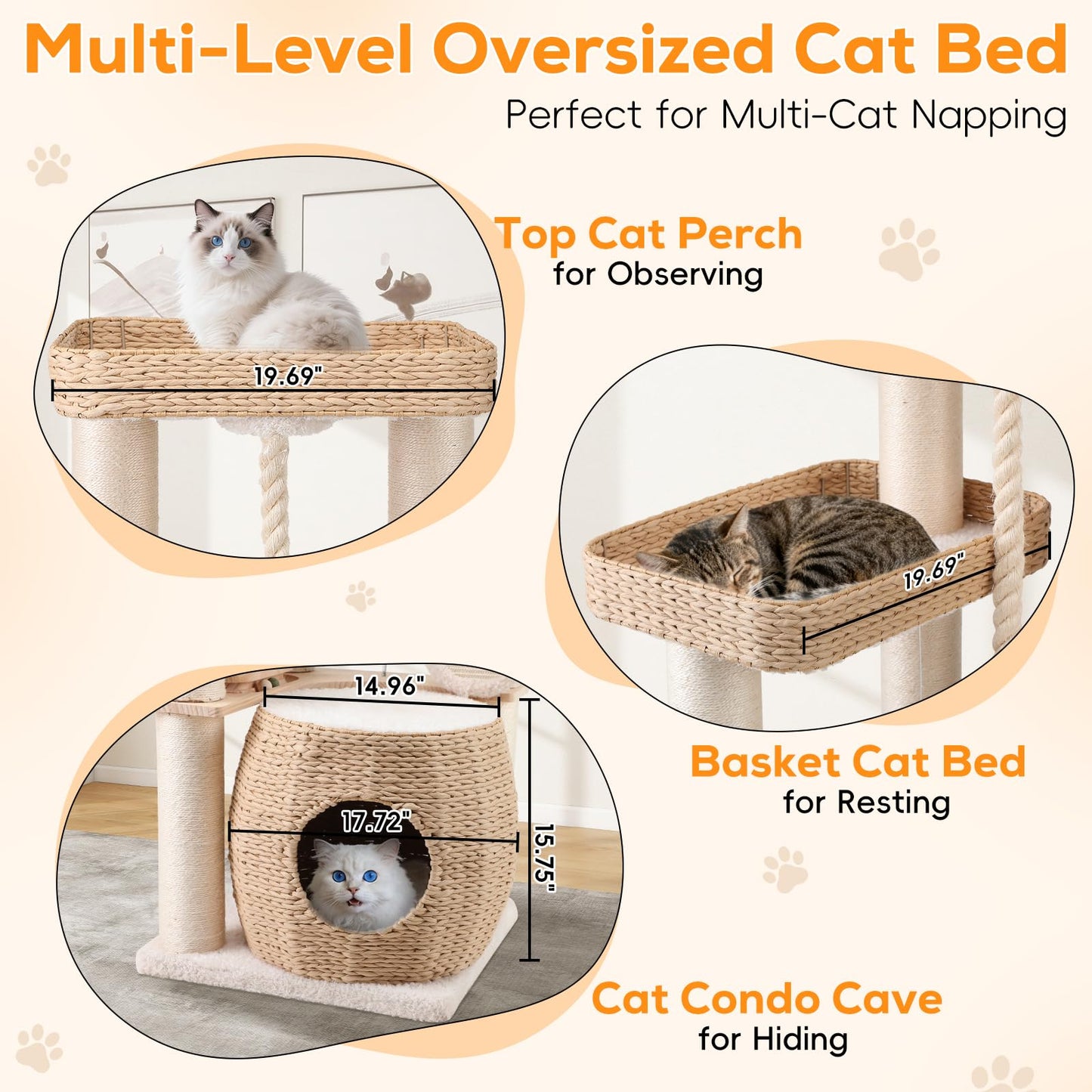 EMUST Luxury Modern Cat Tree Tower 50IN - Heavy-Duty Multi-Level Cat Condo with Extra-Large Hand-Woven Rattan Bed & Thickened Scratching Post for Indoor Cats Large Adult
