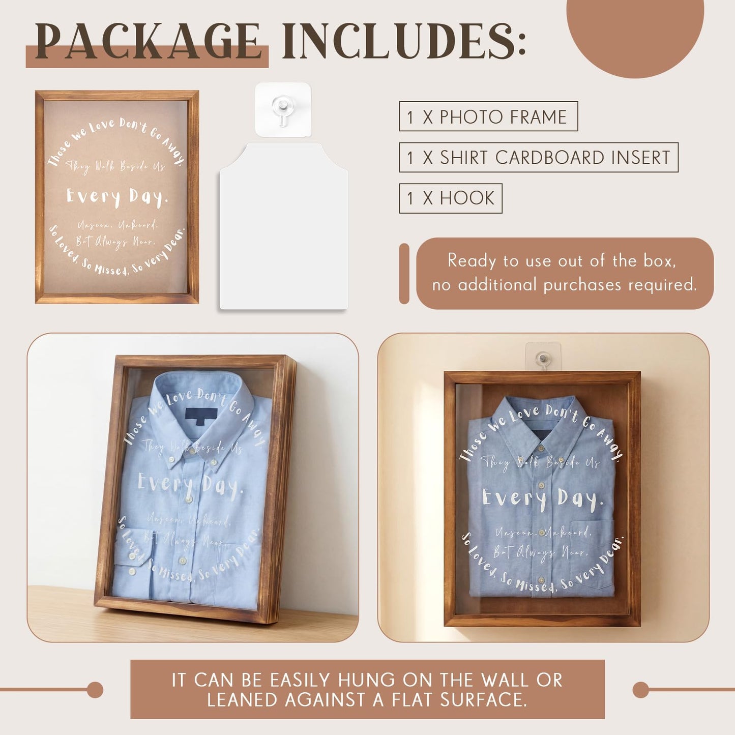 Novabright Sympathy Gifts for Loss of Father Husband Dad Mother- Memorial Clothing Display Shadow Box Frame for Keepsakes Decorations, Bereavement Remembrance for Loss of Loved One, 14.1x11x2, Brown