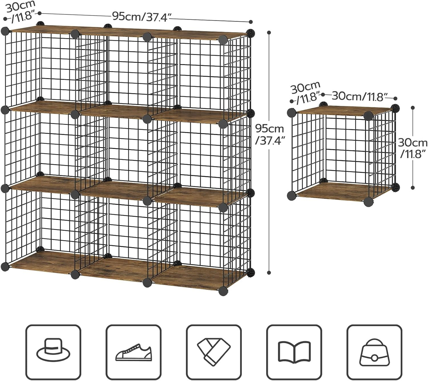HOOBRO 9-Cube Wire Storage Organizer, Metal Grid Shelf, Modular Cabinet for Living Room, Bedroom, Rustic Brown and Black