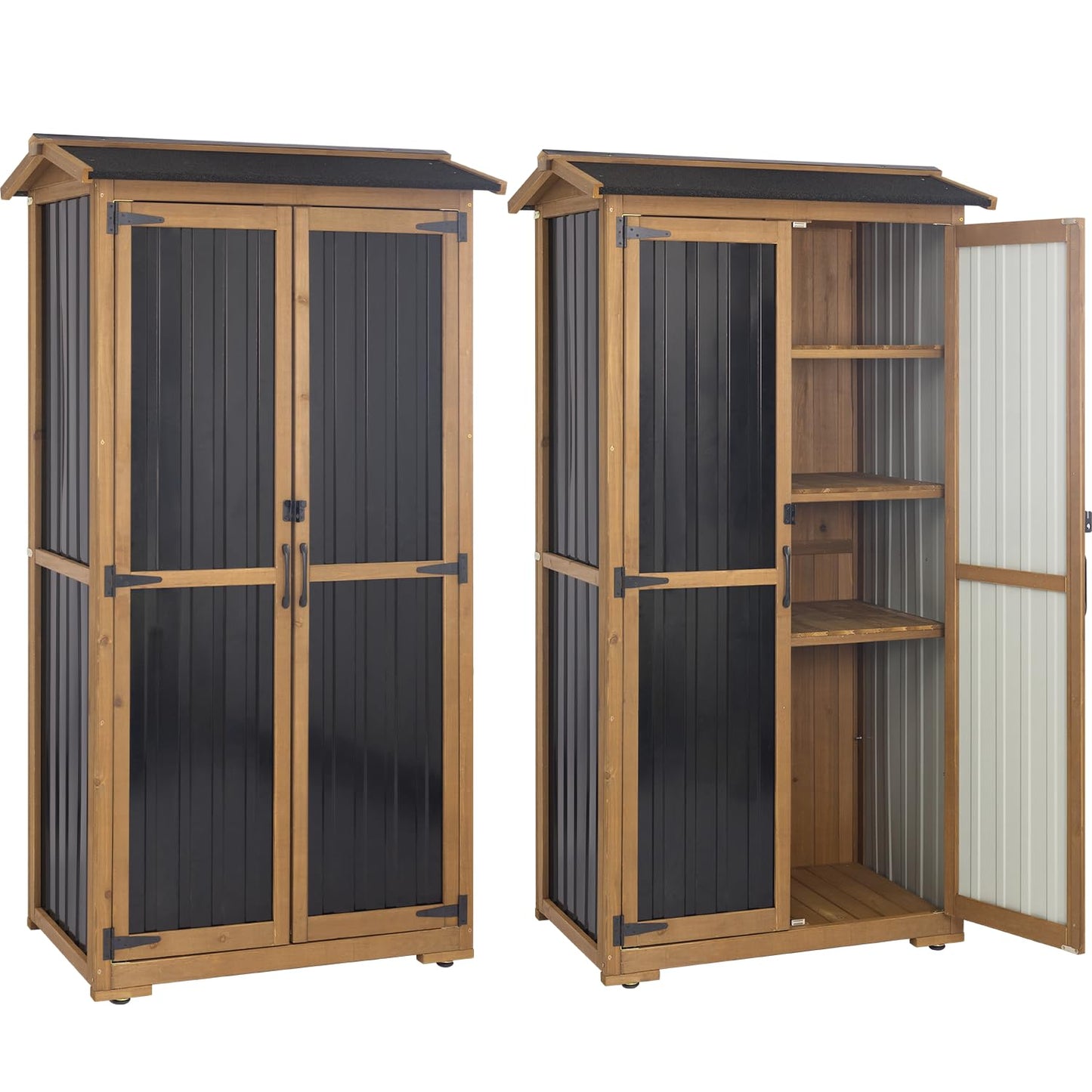 Storage Cabinet Outdoor Garage Cabinets with 3 Adjustable Shelves, Lockable Door, Wood & Metal Weather-Resistant Pantry Cabinet for Patio Garden Home Farm (33.3" Lx 21" Wx 69" H)