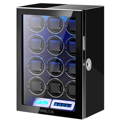 SNEOLTJN Watch Winder for 12 Slots Automatic Watches, Ultra-Quiet Japanese Motors, Built-in LED Illumination and LCD Touchscreen Control