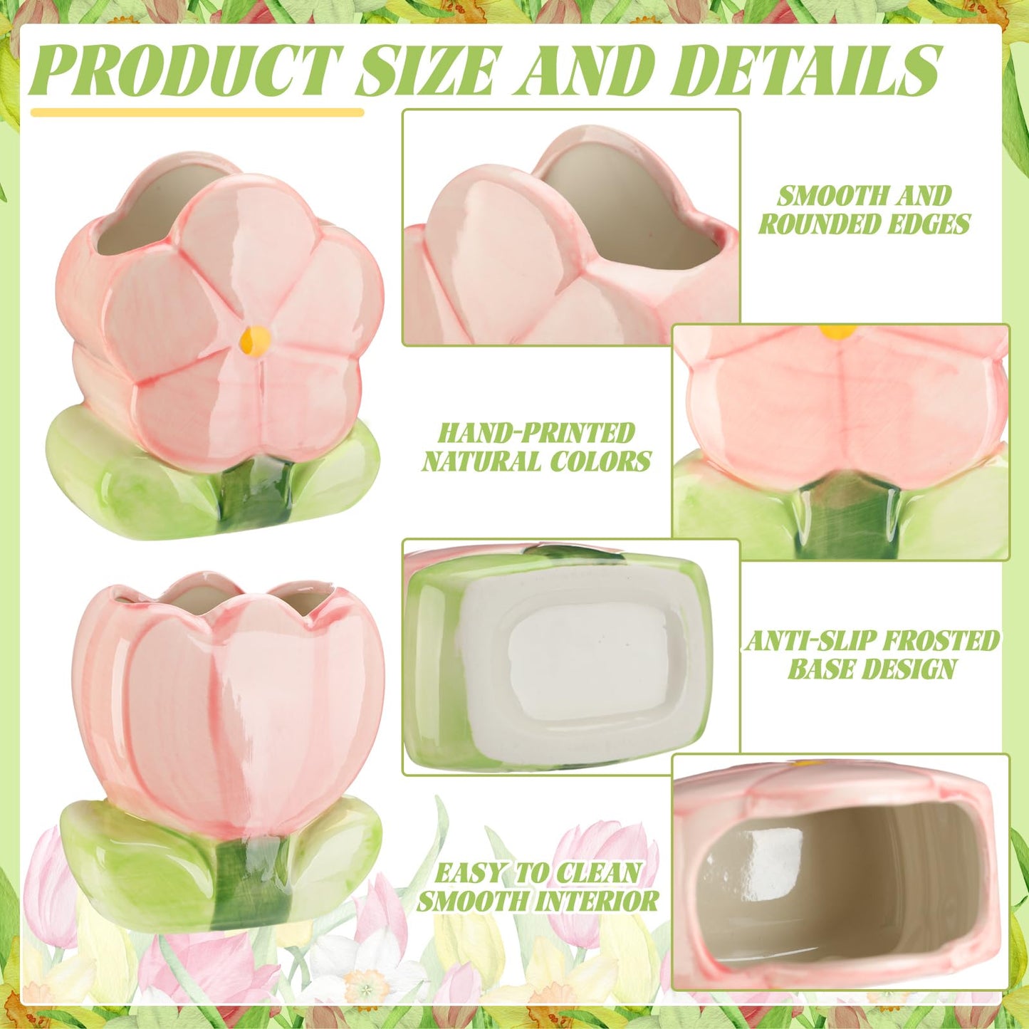 Ninehaoou 2 Pcs Pink Flower Ceramic Pen Holder Cute Tulip Pencil Holder Aesthetic Flower Makeup Brush Vase Decorative Desktop Organizer Birthday Gift for Women Office Home Wedding Party Decor