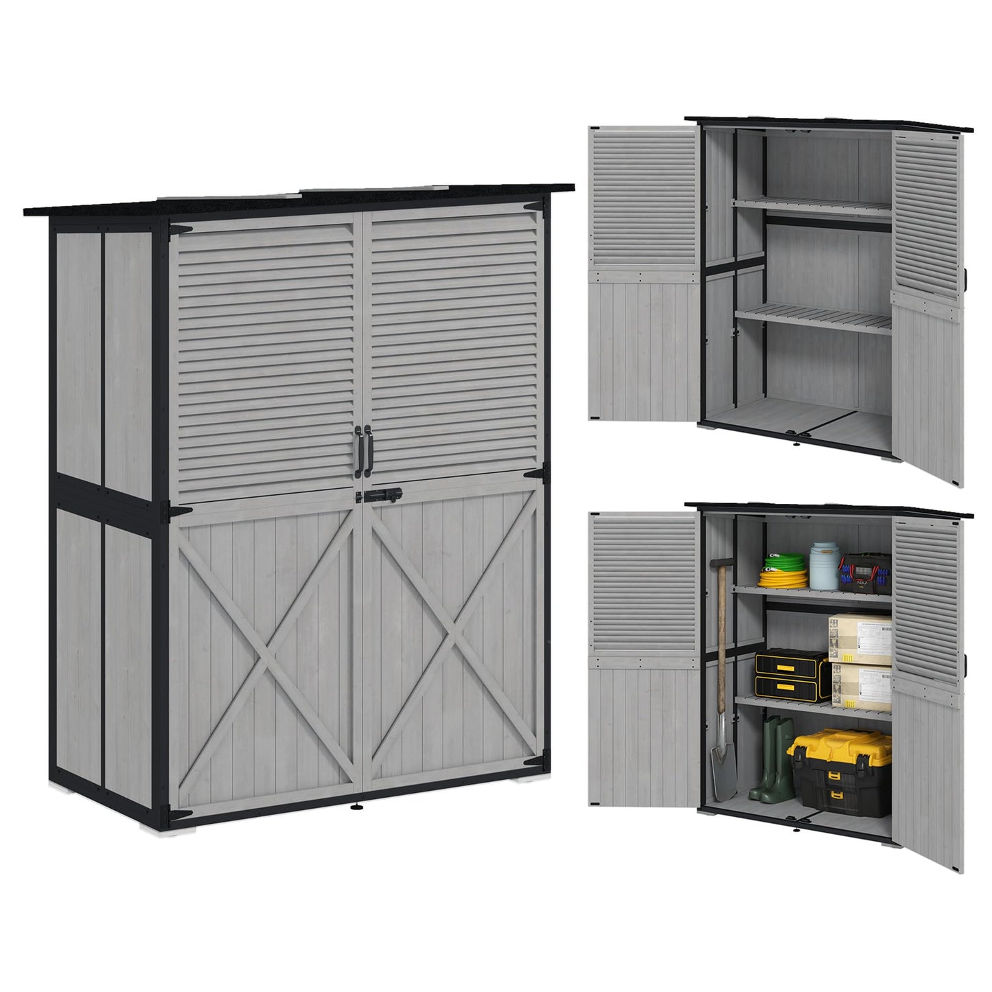 Outsunny Outdoor Storage Cabinet, Wood Garden Tool Shed with Lock, Steel Frame and Asphalt Roof, Garden Storage Shed with Adjustable Shelves and Feet for Patio Backyard Lawn, Gray