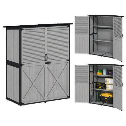 Outsunny Outdoor Storage Cabinet, Wood Garden Tool Shed with Lock, Steel Frame and Asphalt Roof, Garden Storage Shed with Adjustable Shelves and Feet for Patio Backyard Lawn, Gray