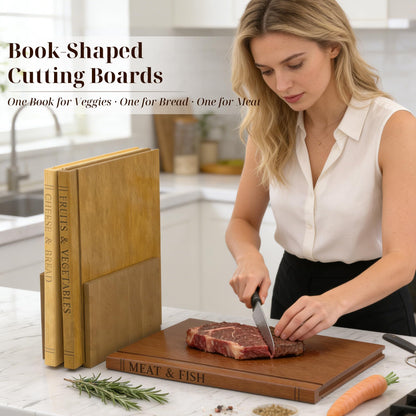 Book Cutting Board Set with Wooden Stand-Wooden Kitchen Cutting Boards That Look Like Books for Vegetables Cheese Meat, Chopping Board Gift Set for Home Cooks & Kitchen Decor