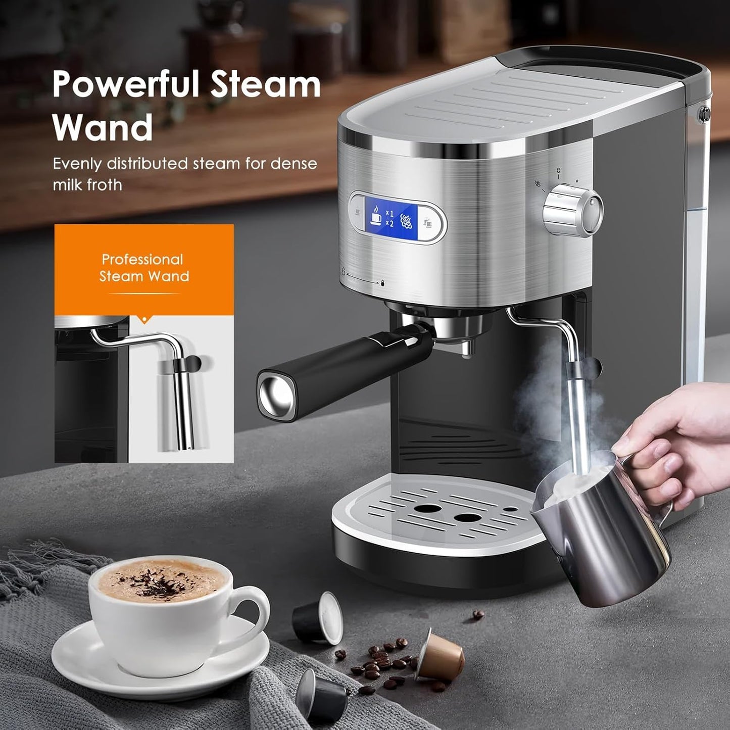 COWSAR Commercial Espresso Machine 20 Bar, Compact Espresso Maker with Milk Frother Steam Wand, Expresso Coffee Machines with 45 OZ Removable Water Tank for Cappuccino, Latte, Home