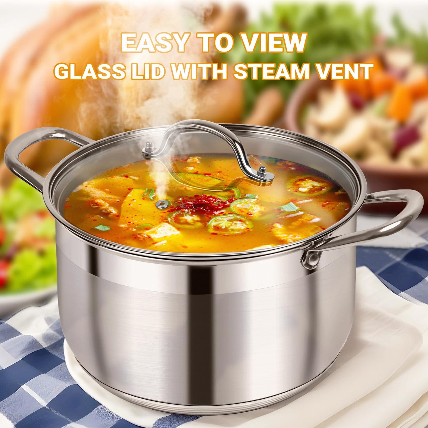 Kirecoo Stainless Steel Stock Pot - 5 Quart Heavy Duty Induction Cooking Pot with Visible Lid for Pasta, Soup, Spaghetti, Nonstick Thick Bottom Big Stockpot, Deep Cookware for Canning, Boiling, Simmer