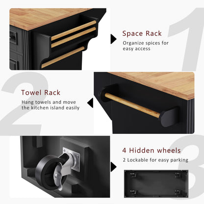 Ball & Cast Large Kitchen Island with Rubber Wood Drop Leaf,Embossed Texture Rolling Kitchen Cart On 4 Wheels W/4 Doors & 3 Drawers,Mobile Kitchen Islands W/ Storage for Kitchen,Dining Room,Black,54"
