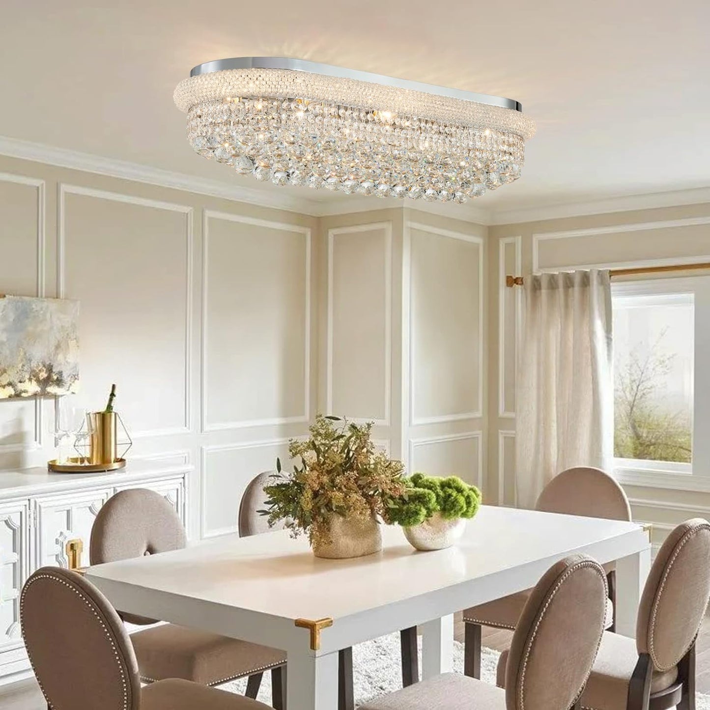 TMAFON Modern Rectangle Ceiling Crystal Chandelier - Length 36 inches Fulsh Mounting Chandeliers, Oval Light Fixtures for Living Dining Room, Bedroom