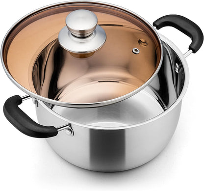 E-far 4 Quart Stock Pot, Stainless Steel Soup Pot with Glass Lid, Heavy Duty, Dishwasher Safe, Rust Free