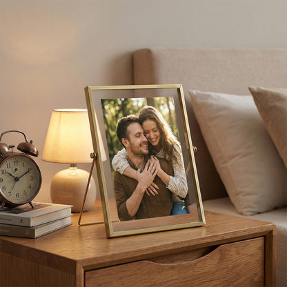 QWORK Gold Floating Picture Fram, Set of 3 Glass Double Panel Metal Frame, Includes 5x7, 4x6, 4x4, Tabletop Display for Postcards Photos Artworks