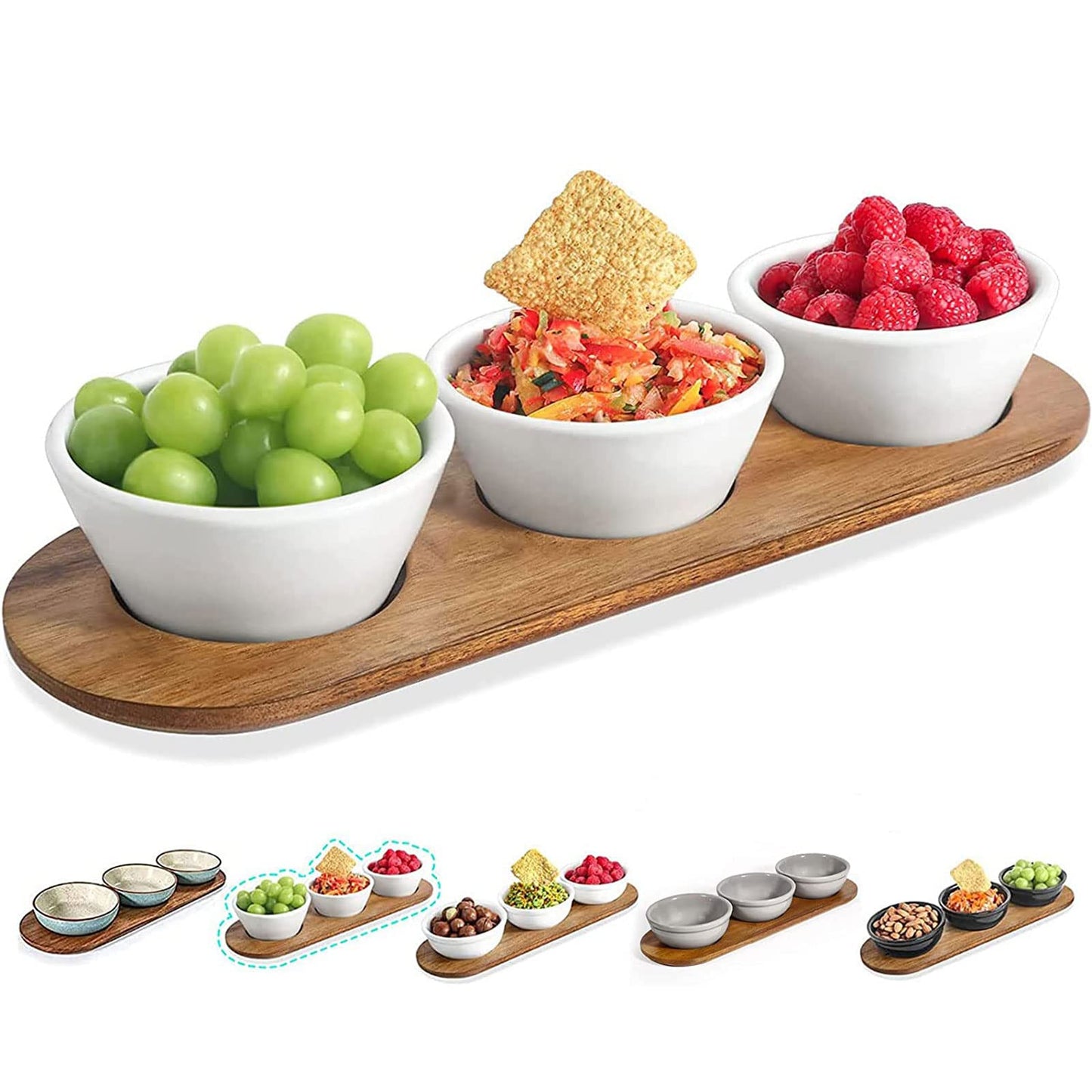 Artena 10oz Ultra-fine Porcelain Chips and dip Serving Platter with Acacia Wooden Tray, 4.75inch White Dipping Bowls,Small Serving Bowls for Condiments, Side Dishes, Pre, Dessert, Salsa, Entertaining