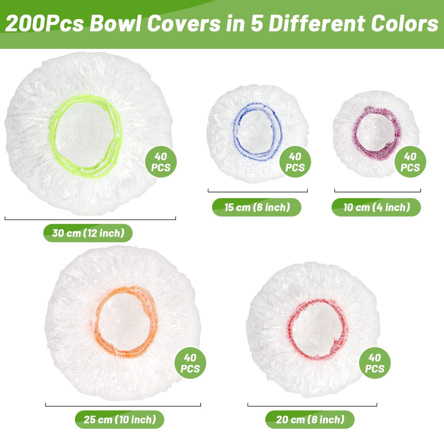 Sublaga 200Pcs Reusable Plastic Bowl Covers - 5 Sizes With Elastic, Food Grade Safe Material