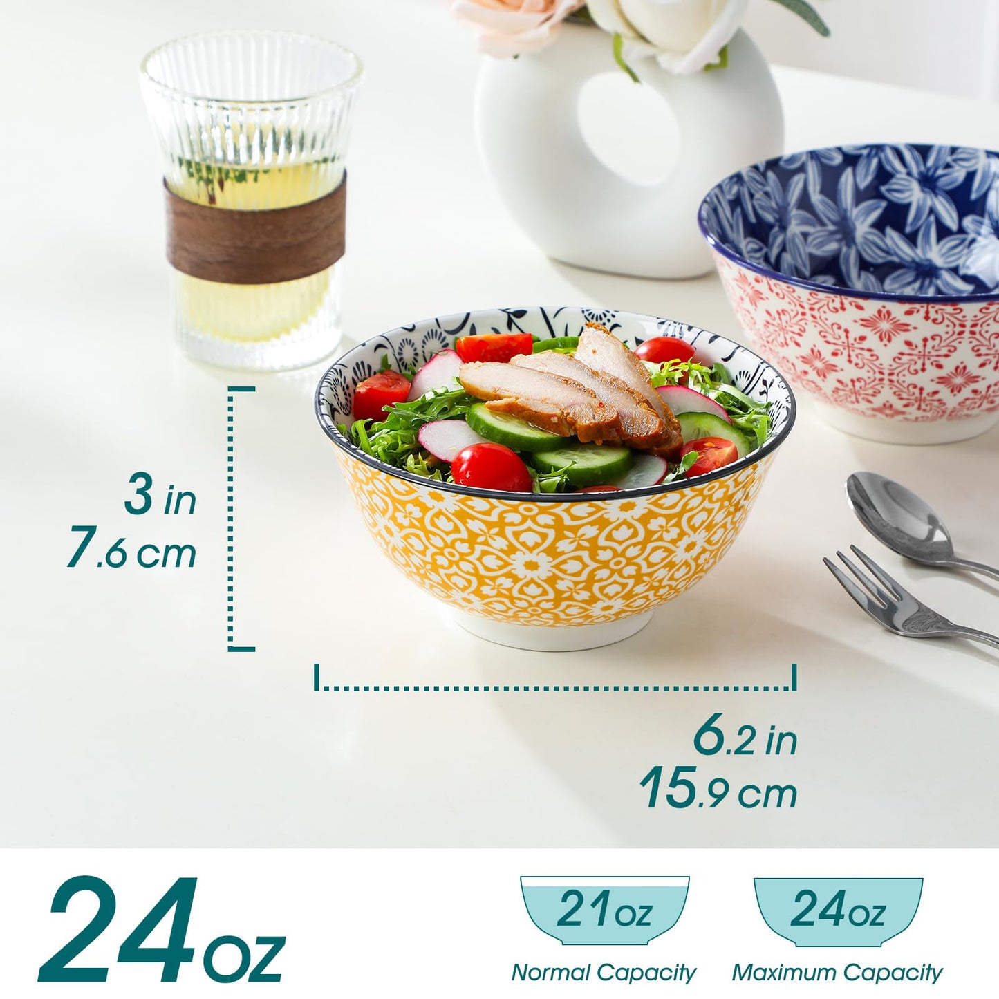 vancasso SELENE 24 oz Cereal Bowls set of 6, Ceramic Soup Bowls for Kitchen, Dishwasher & Microwave Oven Safe- for Cereal, Soup, Pasta, Salad, Vivid Floral Design Bowl Set