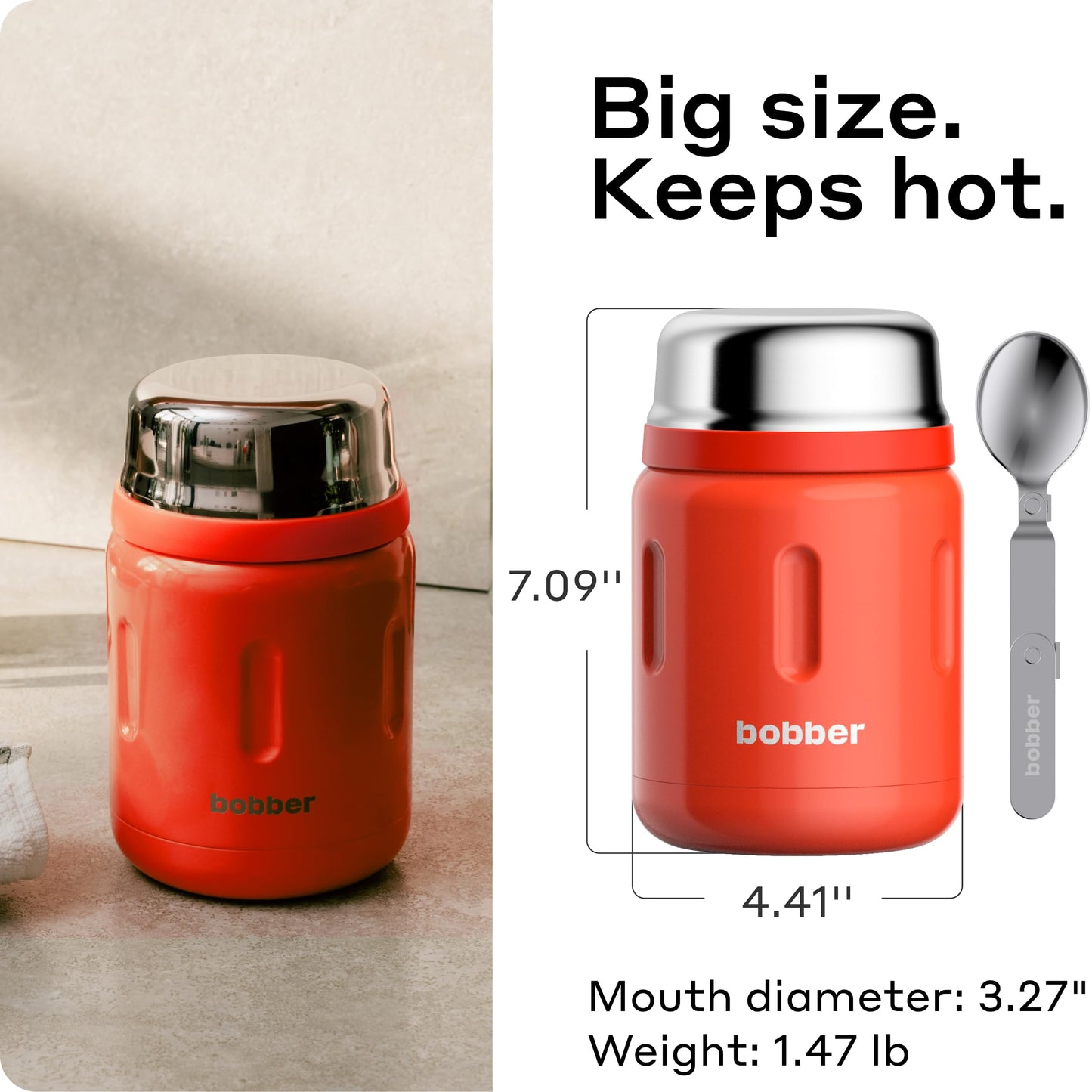 BOBBER 24 oz Insulated Stainless Steel Food Thermo Jar for Hot Food, Extra-Wide Mouth Lunch Container for Adults with Spoon and Bowl, Dishwasher Safe - Keeps Meals Hot for 14 Hours (Red)