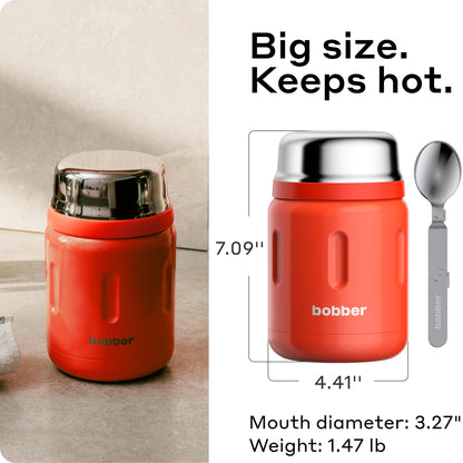 BOBBER 24 oz Insulated Stainless Steel Food Thermo Jar for Hot Food, Extra-Wide Mouth Lunch Container for Adults with Spoon and Bowl, Dishwasher Safe - Keeps Meals Hot for 14 Hours (Red)