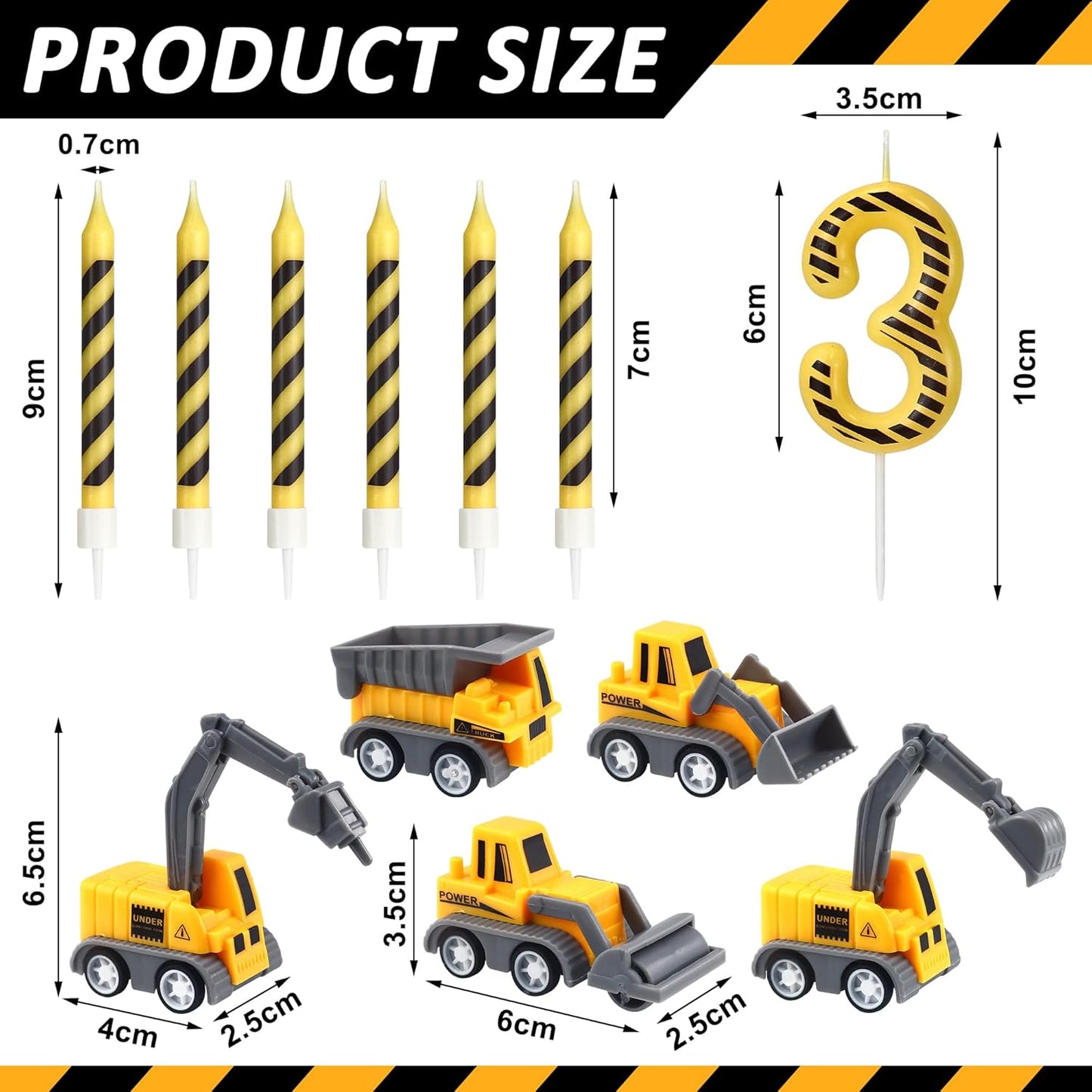 12 3 Pcs Construction Birthday Candles, Number Candle Construction Cake Topper, Digger Cake Topper for Boys Girls