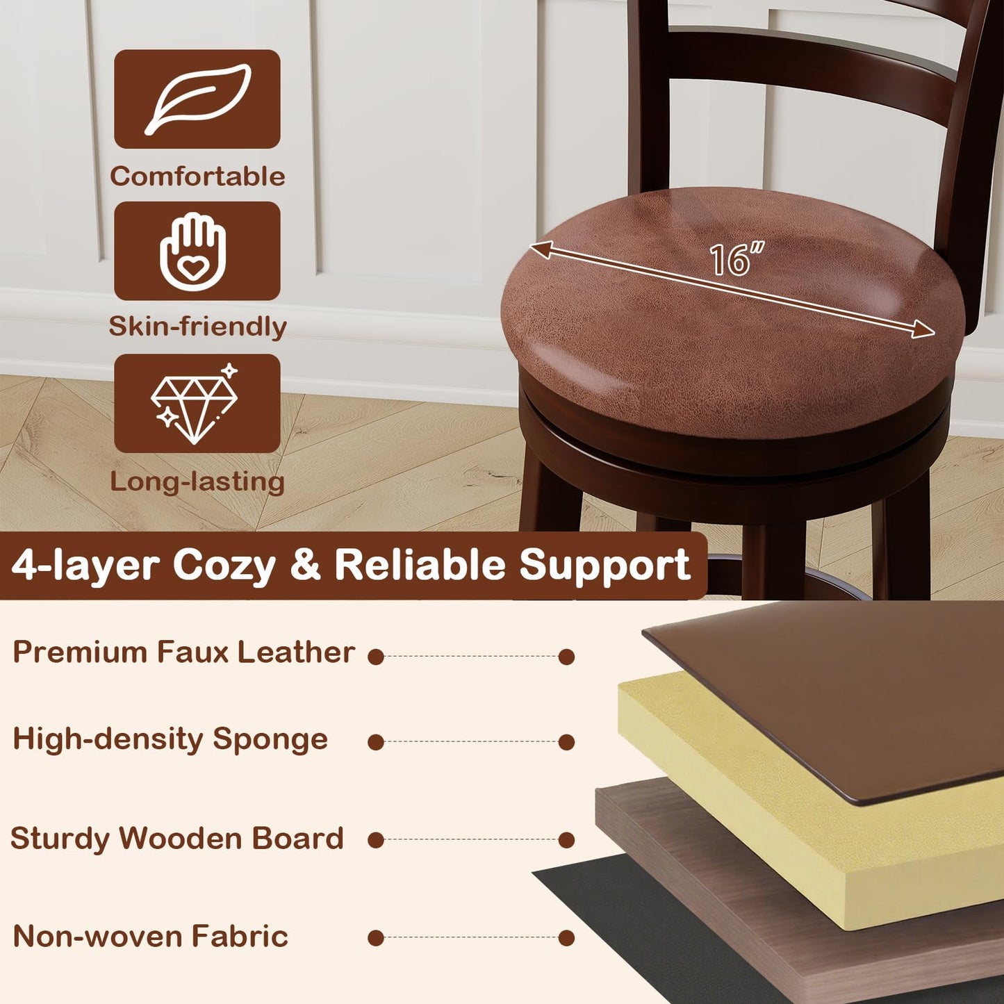 Giantex Swivel Bar Stools Set of 4, 30" Upholstered Counter Height Bar Chairs w/High Backrest, Faux Leather Seat, Solid Rubber Frame & Wrap-Around Footrest, Wooden Barstools for Kitchen Island, Pub