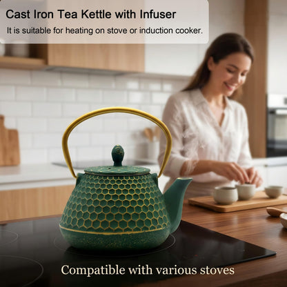 Cast Iron Tea Kettle, Japanese Tetsubin Teapot Coated with Enameled Interior, Durable Cast Iron Teapot with Stainless Steel Infuser for Stovetop Safe(1000ml/34oz)