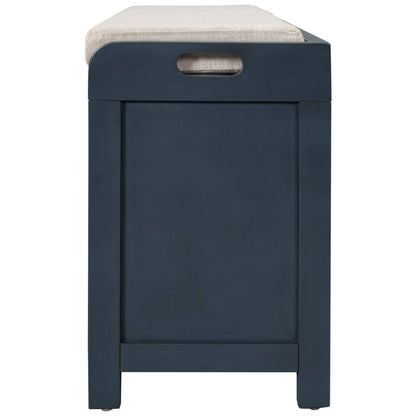 GDFStudio 2-Tier Shoe Storage Bench with Removable Basket & 2 Drawers, Farmhouse Entryway Shoe Organizer Bench with Upholstered Cushion, Wood Entry Bench Fully Assembled for Hallway Living Room, Navy