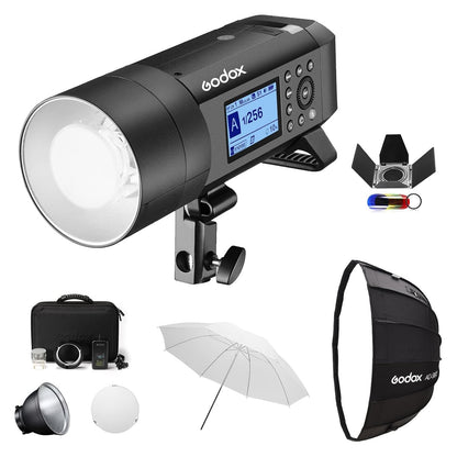 Godox AD400Pro 400Ws Studio Outdoor Strobe Flash Kit, TTL 1/8000s HSS 2.4G GN72 Monolight Light, Lithium Battery with AD-S65S 26"/65cm Godox Mount Grid Softbox, Barn door, Umbrella, Standard Reflector