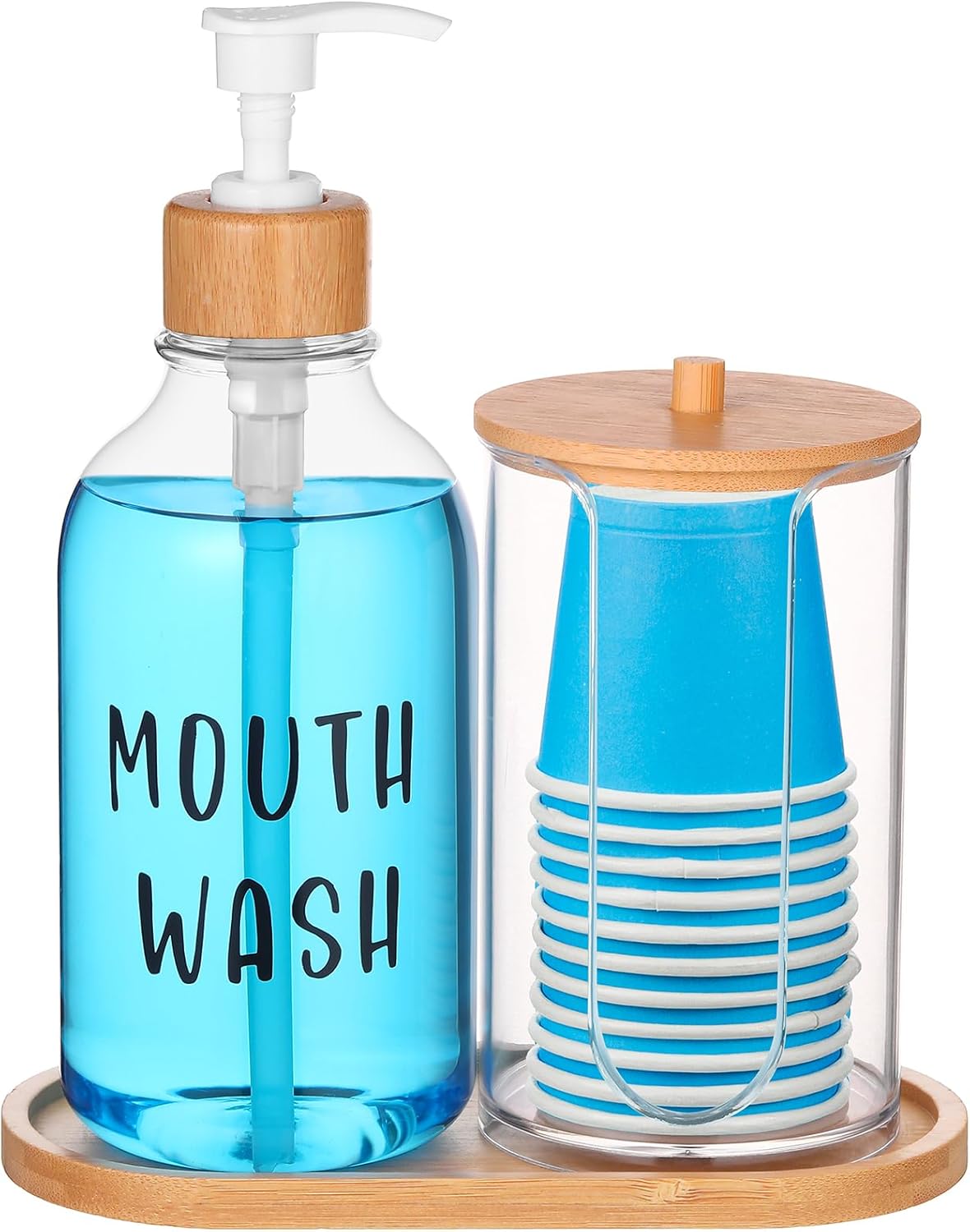 1 Set 17 Oz Mouthwash Dispenser for Bathroom Refillable Mouth Wash Pump Bottle Paper Cup Holder with Bamboo Lid