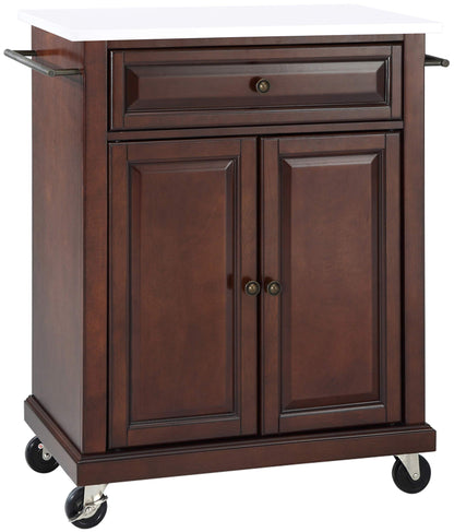 Crosley Furniture Compact Stone Top Small Rolling Cart with Shelves, Microwave Stand with Towel Rack, Mahogany