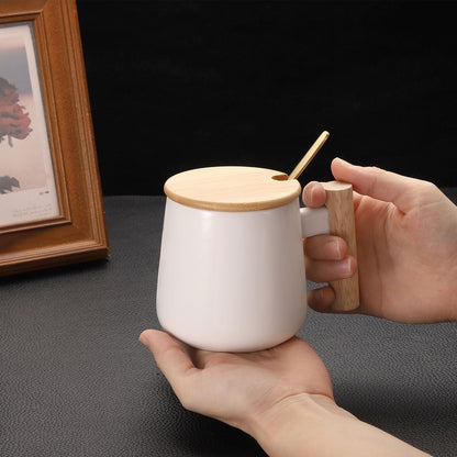 HARFINGTON Ceramic Coffee Mug 12.85 Oz Simple Wooden Handle Large Tea Cup Handmade Ceramic Mugs Gift Set with Lid and Spoon for Office Kitchen Home and Gifts for Women and Men, Blue